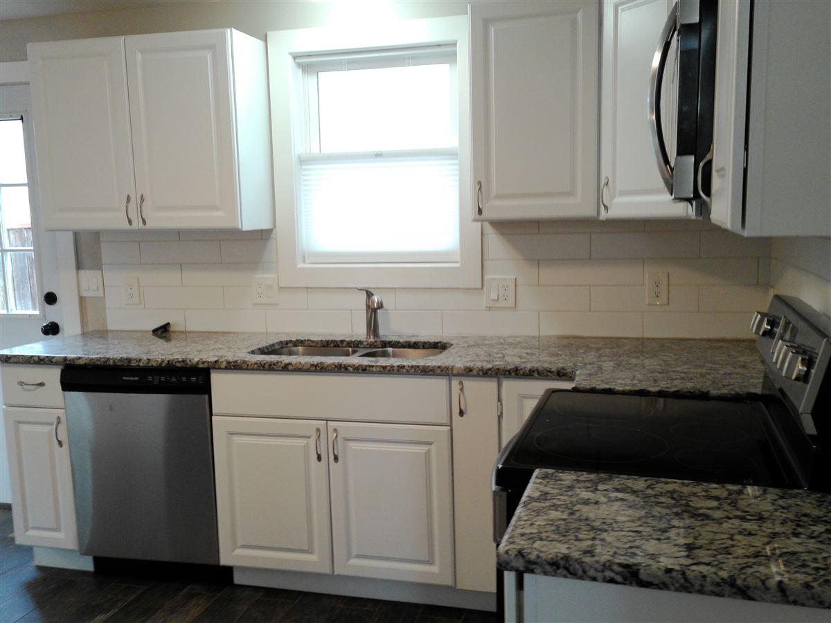 Kitchen counters, dishwasher and range