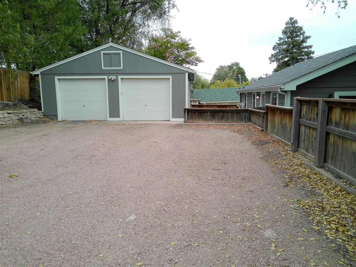 Detached garage and parking area
